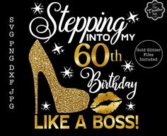 a black and gold birthday card with a high heel shoe on the front, saying stepping into my 60th birthday like a boss