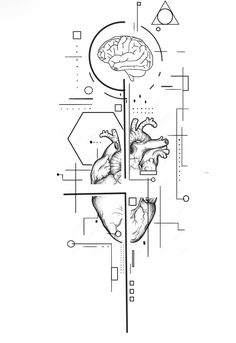 a black and white drawing of a human heart on a cross with arrows in the background