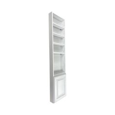 an empty white shelf with two doors and one door open on the side, against a white background