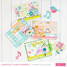 some cards are laying on top of each other with the words creative team member leanne allinson