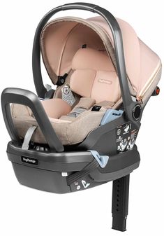 the baby car seat is attached to a stand