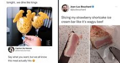 two pictures with different types of food on them and one has ice cream in it