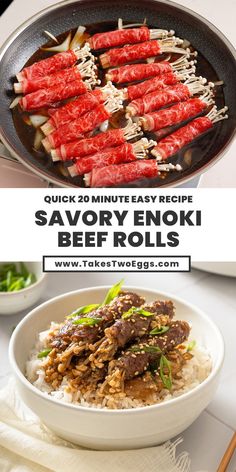 the recipe for savory enoki beef rolls in a skillet with chopsticks