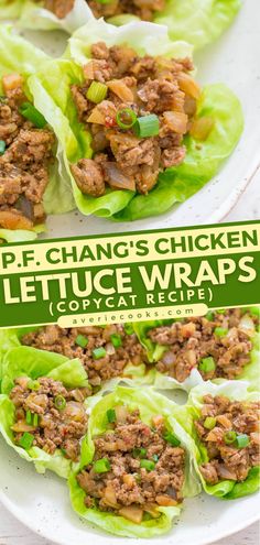 lettuce wraps filled with meat and vegetables on top of a white platter