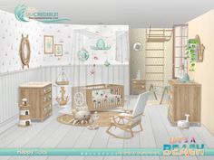 a baby's room is decorated in pastel colors and features rocking chair, crib, bookshelf, ladders, dresser, and other items