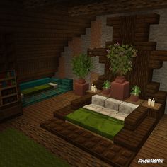 a living room with couches, tables and plants on the floor in minecraft