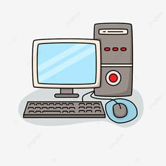 an old computer with a mouse and keyboard on the desk, illustration, drawing, cartoon png and psd