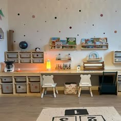 a child's playroom with toys on the floor