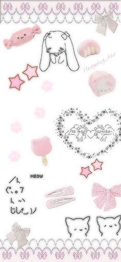 an assortment of pink and white stickers with hearts, stars, bows, and other items