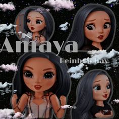 an animated girl with long black hair and blue eyes is surrounded by clouds, stars and the words amaya