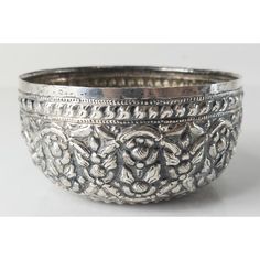 We are selling this nice Southeast Asian silver bowl. This floral decorated repousse bowl has simple style and is marked with an engraved star and several character mark on the base.  Condition: Good  Dimensions: Height 2 Inches 5.1 cm Width 4 1/8 Inches 10.3 cm Prasadam Bowls Silver, Silver Filigree Odisha, Traditional Silver Faceted Beads, Traditional Hand-strung Silver Beads, Small Pewter Bowl, Silver Bowl, Black Beaded Jewelry, Southeast Asian, Burmese