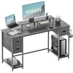 a computer desk with a laptop on top of it and an open file cabinet next to it