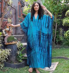 "Boho Kaftan Dress Asym Dress Kaftan Maxi Dress V NeckLine Resort Wear  delicate rayon. USUALLY FITS S M L XL 1X 2X POSSIBLY LARGER. * MEASUREMENTS : Bust: 68'', Hip: 68\", Length : 51'', Armhole: 21'' PLS CHECK SPECS TO BE SURE IT WORKS FOR YOU. * FABRIC: RAYON TIE DYE * MADE IN: BALI, INDONESIA" Blue Tunic Kimono For Festival, Blue Tunic Kimono For Vacation, Indigo Batik Print Beach Dress, Blue Tunic Kimono For Beachwear, Blue Long Free Size Kaftan, Blue Free Size Long Maxi Dress, Blue V-neck Free Size Maxi Dress, Traditional Long Blue Maxi Dress, Blue Long Kurta For Festivals