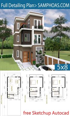 three story house plan with 3 bedroom and 2 bathrooms