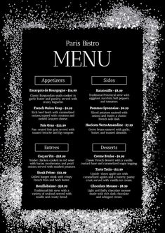 a black and white menu with silver glitter