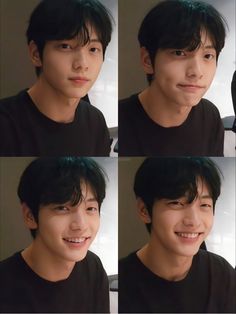 four pictures of a young man with black hair and white teeth smiling at the camera