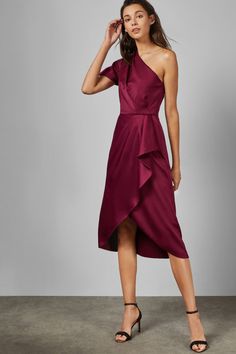 One shoulder satin dress | Midi length asymmetric dress in berry from Ted Baker Occasionwear | #affiliatelink #affiliate Dress Models, Asymmetric Dress, Dress Hairstyles, Dress Midi