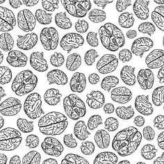 black and white drawing of many different types of nuts on a white background, seamless