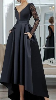 V Neck Long Sleeves Black Lace Long Prom Dresses, High Low Black Formal Dresses, Black Lace Evening Dresses Black Lace Evening Dress, Sukienki Plus Size, High Low Prom Dresses, Prom Dresses With Pockets, V Neck Prom Dresses, Evening Dresses Online, Satin Cocktail Dress, Cheap Evening Dresses, Vintage Black Dress