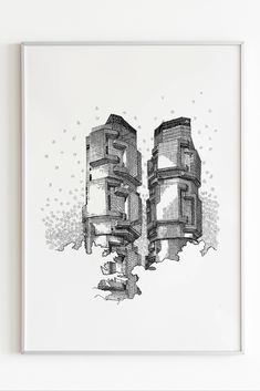 An art print of the Lippo Centre towers in Hong Kong by Architectural firm Wong & Ouyang. The drawing are of two office towers with protruding geometric elements. The background of the drawing encompasses the gradient of densely packed triple dash marking effect which fizzle out at the top.  In the foreground are the outlines of trees. Architectural Sketch, Hong Kong