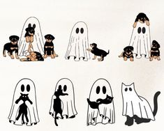 a group of cartoon ghost dogs and cats