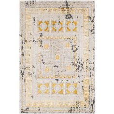 an area rug with yellow and grey colors on the floor, in front of a white background