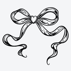 a black and white drawing of a bow with a heart on it's side