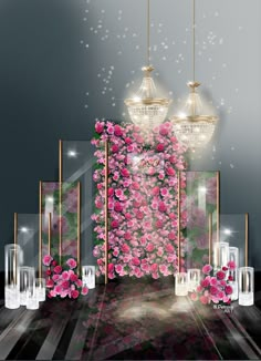 an artistic photo with pink flowers and chandeliers