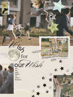 a collage of photos with stars and people in the foreground, one man is flying through the air