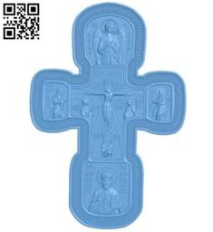 a blue plastic cross with images of people on it