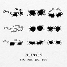 the glasses are drawn in different styles and shapes, including heart shaped frames with sunglasses on them