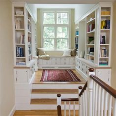 there are two pictures of the inside of a house with stairs and bookshelves