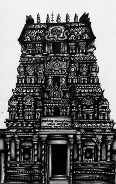 a black and white drawing of a temple