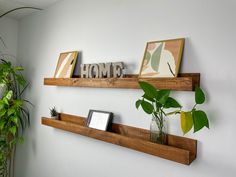 two wooden shelves with plants and pictures on them