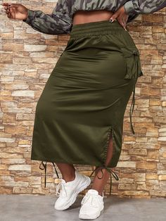 Army Green Casual   Polyester Plain Straight Embellished Non-Stretch Spring/Summer/Fall Plus Size Bottoms Plus Size Baddie, Plus Size Baddie Outfits, Plus Size Summer Outfits, Fall Plus Size, Rock Outfit, Trendy Skirts, Hem Skirt, Fashion Dresses Casual, Plus Size Kleidung