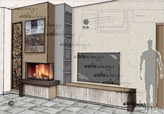 an architectural drawing of a fireplace in the corner of a room with words written on it