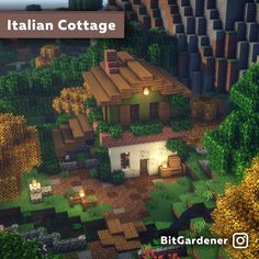 an image of a small house in the middle of some trees and bushes with text that reads italian cottage