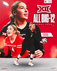 two women are playing volleyball in front of an all - big sign that says it's the first team