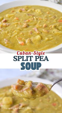 two pictures showing different types of soup in white bowls and on spoons with title text