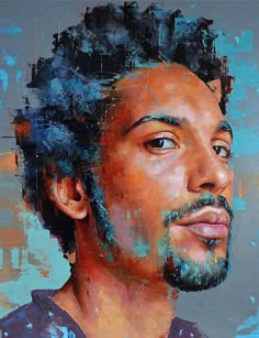 a painting of a man with blue hair