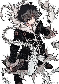 an anime character with black hair and white eyes, holding a knife in his hand