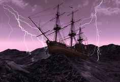 a pirate ship in the ocean surrounded by lightning