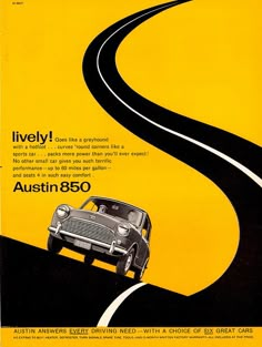 an old advertisement for the automobile company's new model car, which is driving on a curved road