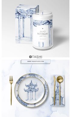 an advertisement for a restaurant with gold and white plates, silverware, and spoons