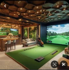 a living room with a golf simulator on the wall