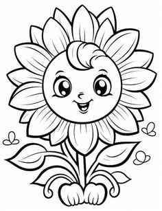 a cartoon sunflower with big eyes and leaves on it's head, outlined in black and white