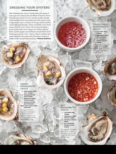 an open magazine with oysters and sauces on it