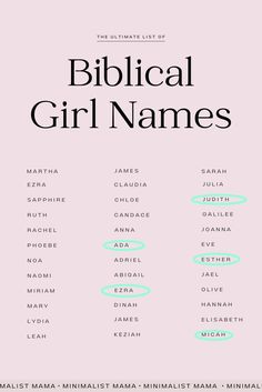 the ultimate list of biblical girl names in green and black on a light pink background