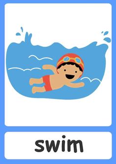 an image of a boy swimming in the water with words below it that read swim