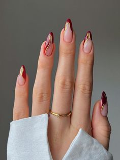 Cool Nails 2024, Asian Inspired Nails, Red Nails Inspo Almond, 2024 Nails Summer, Grad Nails Almond, Red Dress Nails Ideas, Cherry Red Nails Almond, Nails For A Red Dress, Wedding Red Nails